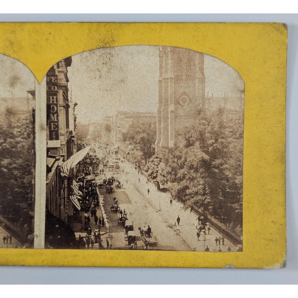 Antique Stereoview card View on Broadway and Trinity Church Manhattan New York,